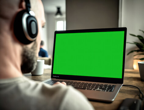 caucasian man in headphones at a zoom meeting at a computer. mocap .green screen.generative AI