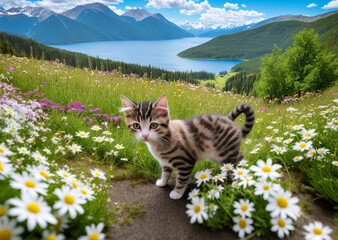 Obraz premium Cute little cat on the meadow