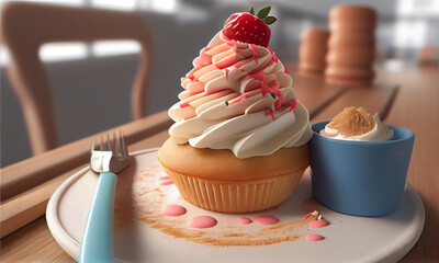 Cupcake with cream and strawberries with blue decorations on the table at the institution. Dessert. Pastry. 3D Snack illustration  - Generated by Generative AI
