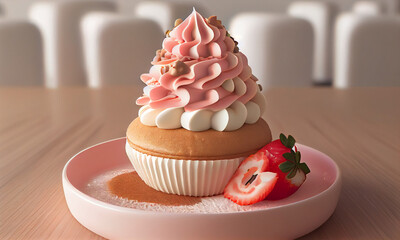 Cupcake with cream and strawberries with pink decorations on the table in the institution. Pastry. Snack in the middle of the day  - Generated by Generative AI

