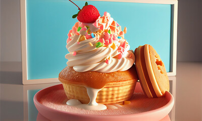 Cupcake with pink cream and strawberries on a blue wall plate. Confectionery pastry with sprinkles. 3d Illustration of sweetness  - Generated by Generative AI
