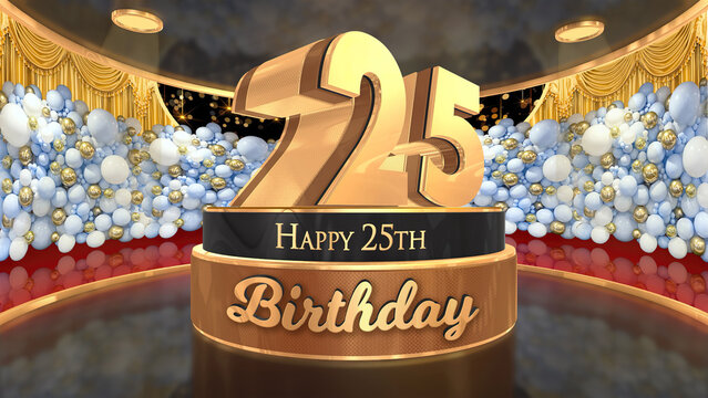 25th Birthday backdrop, poster, flyer 3d render illustration in gold with balloons and fireworks background