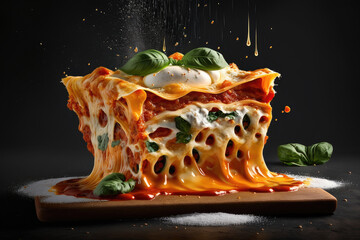 Close up shot of fresh italian lasagna on white plate isolated Generative AI Photo - obrazy, fototapety, plakaty