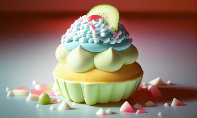 Cupcake with green cream and melon on a red wall plate. Confectionery pastry with sprinkles. 3d Illustration of sweetness - Generated by Generative AI
