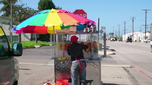 Slow Motion Lockdown Of A Street Vendor Selling Food  - Los Angeles, California