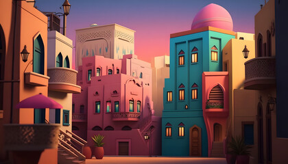 Fototapeta na wymiar Pastel Middle Eastern Building Illustration for Wallpaper or Background, Generative AI
