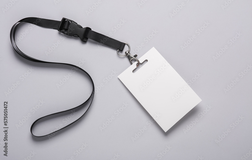 Poster empty white id card badge mockup with black belt on gray background. staff identity name tag. space 
