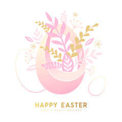 Happy Easter eggs with floral decorative elements. Flat style. Modern Easter background. Greeting card or poster. Vector illustration