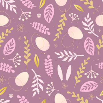 Happy Easter seamless pattern with easter eggs, rabbit ears and floral decorative elements. Easter background. Vector illustration