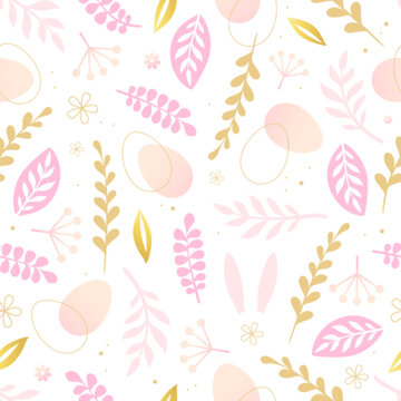 Happy Easter seamless pattern with easter eggs, rabbit ears and floral decorative elements. Easter background. Vector illustration