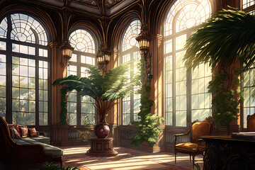 Fototapeta na wymiar Classic interior with tall windows and tropical plants. AI