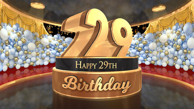 29th Birthday backdrop, poster, flyer 3d render illustration in gold with balloons and fireworks background