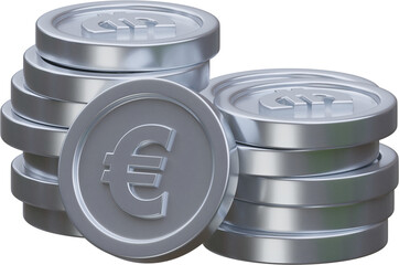 Stack of silver euro coin currency market financial or investment money banking treasure wealth cash and silver euro pile economy with business earnings profit sign. 3D render