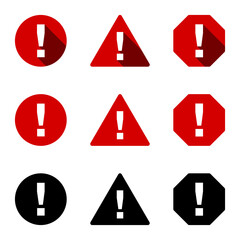 Red Black White Round Circle Octagonal and Triangular Warning or Attention Sign with Exclamation Mark Icon Set with Flat Design or 3D Style Shadow Effect. Vector Image.