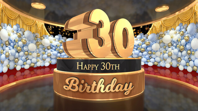 30th Birthday backdrop, poster, flyer 3d render illustration in gold with balloons and fireworks background
