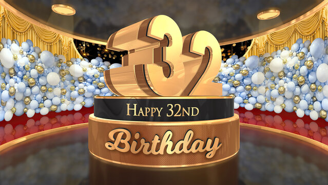 32nd Birthday backdrop, poster, flyer 3d render illustration in gold with balloons and fireworks background