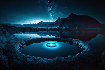 Fantasy night mountain landscape, blue moonlight neon light, circle on the water, magic. AI