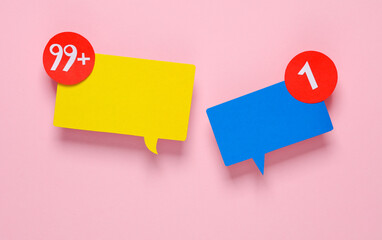 Paper cut Notification speech bubbles on pink background. Social media chat, message, sms,...