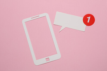 Paper cut smartphone and Notification speech bubble with 1 number on pink background. Social media...