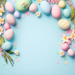 Naklejka na ściany i meble Colorful Pastel Easter eggs on light blue background. Easter flat lay with eggs creating a border. Easter decoration concept for greeting cards on Easter Day celebration. Happy Easter!