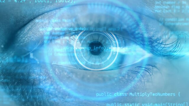 Digital eye with binary codes. Concept of future innovation and AI artificial intelligence technology. Neural network or machine learning background. Metaverse virtual reality