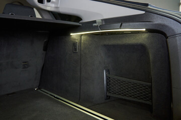 car trunk upholstery with led light. car trunk interior