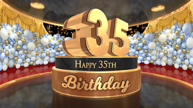 35th Birthday backdrop, poster, flyer 3d render illustration in gold with balloons and fireworks background