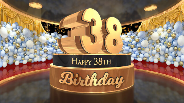 38th Birthday backdrop, poster, flyer 3d render illustration in gold with balloons and fireworks background