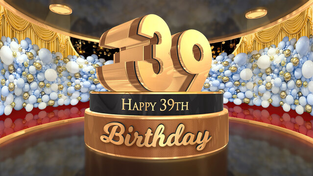 39th Birthday backdrop, poster, flyer 3d render illustration in gold with balloons and fireworks background