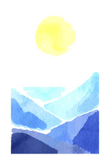 Watercolor landscape, blue mountain view and sun