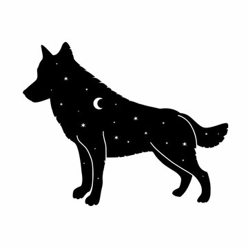 Vector, black silhouette of a wolf with stars