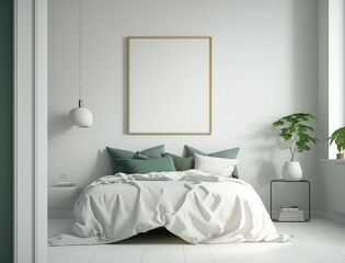 Minimalist Scandinavian Bedroom Interior Design with Small Blank Poster Created with Generative AI