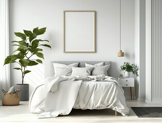 Minimalist Bedroom Interior Design with Small Blank Poster Created with Generative AI