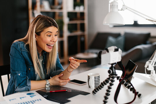 Young Business Woman Recording Video For Her Vlog At Home.