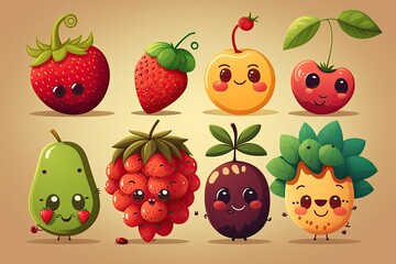 Fototapeta premium Cute berries and fruits with faces. Baby stickers. Generative ai