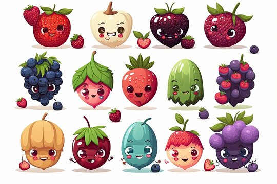 Set of cartoon berries with funny faces, kids stickers. Generative ai