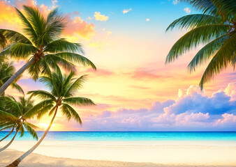 Obraz na płótnie Canvas Beautiful landscape of palm trees on the beach at sunset