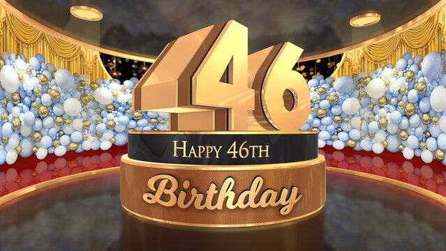46th Birthday backdrop, poster, flyer 3d render illustration in gold with balloons and fireworks background