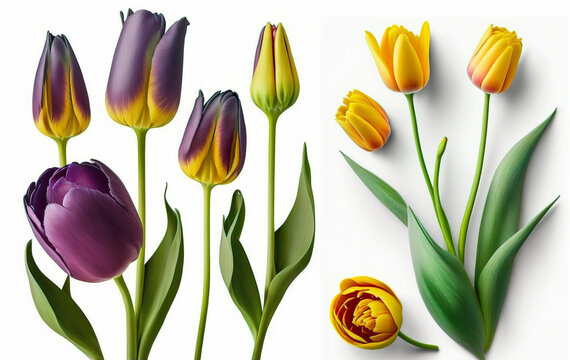 Various purple yellow tulips in front of a white background 3D effect Women's Day, Mother's Day flower bouquet postcard. AI generated.