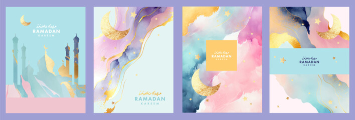 Ramadan Kareem watercolor poster, card, holiday cover set. Arabic text translation Ramadan Kareem. Modern beautiful design template in pastel colors with mosque, golden crescent and stars in the sky - obrazy, fototapety, plakaty