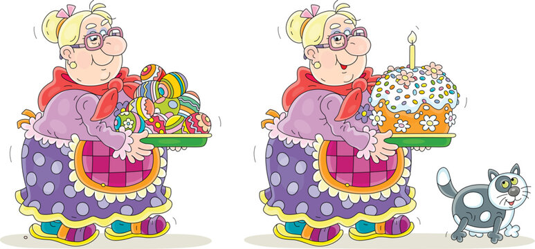 Funny granny with her merry cat carrying a traditional sweet Easter cake for a festive table and colorfully decorated gift eggs, vector cartoon illustration on a white background