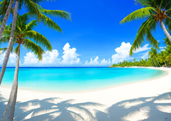 Beach with palm trees, blue sea, and a partly cloudy sky