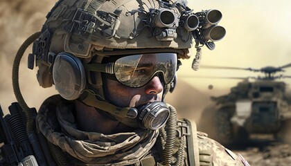 Portrait d'un militaire , un blindé en arrière plan, personnage imaginaire généré par IA