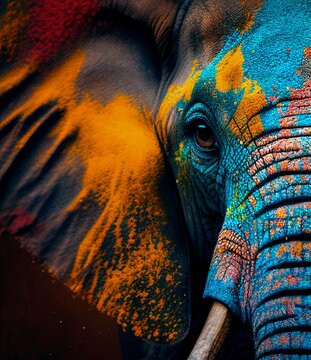 Portrait face of an elephant with bright colors. Generative AI