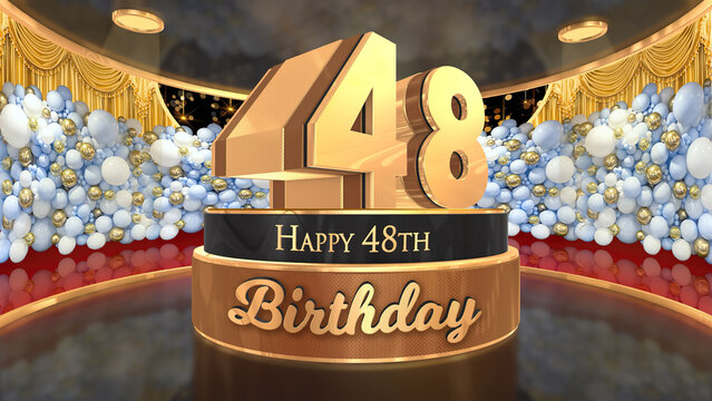 48th Birthday backdrop, poster, flyer 3d render illustration in gold with balloons and fireworks background