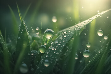 Fresh green grass with dew drops closeup. Soft Focus. Springtime. Summer, spring background. generative ai