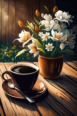 Fototapeta na wymiar Beautiful Cup of Coffee on a Wooden Table with Spring Flowers (Generated with AI)
