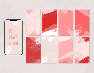 Social media story layout. A set of backgrounds from blocks of pink, red, gray and white. Place for logos, messages, text placement.