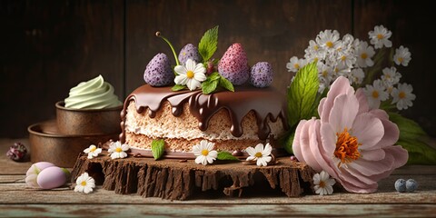Obraz na płótnie Canvas Beautiful Spring Cake with Berries on a Wooden Table with Spring Flowers (Generated with AI)