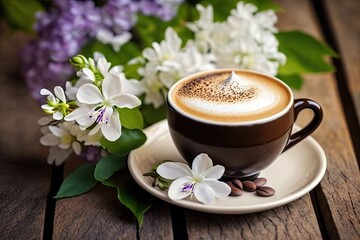 Beautiful Cappuccino on a Wooden Table with Spring Flowers (Generative AI) - obrazy, fototapety, plakaty